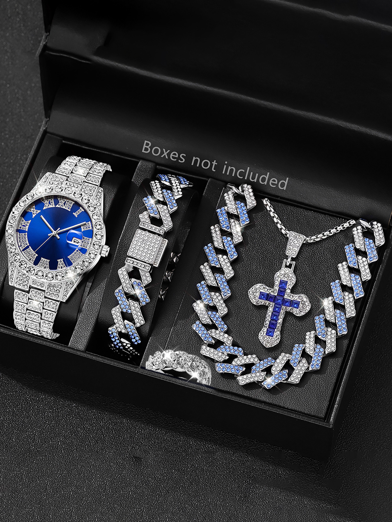 Street Fashion Rings - Silver Blue Men's Quartz Watch Set