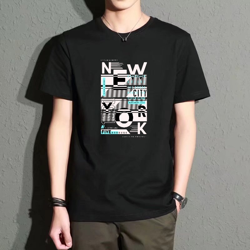 Street Style New York Fashion - Men's Black Round-Neck Short-Sleeved T-Shirt, New