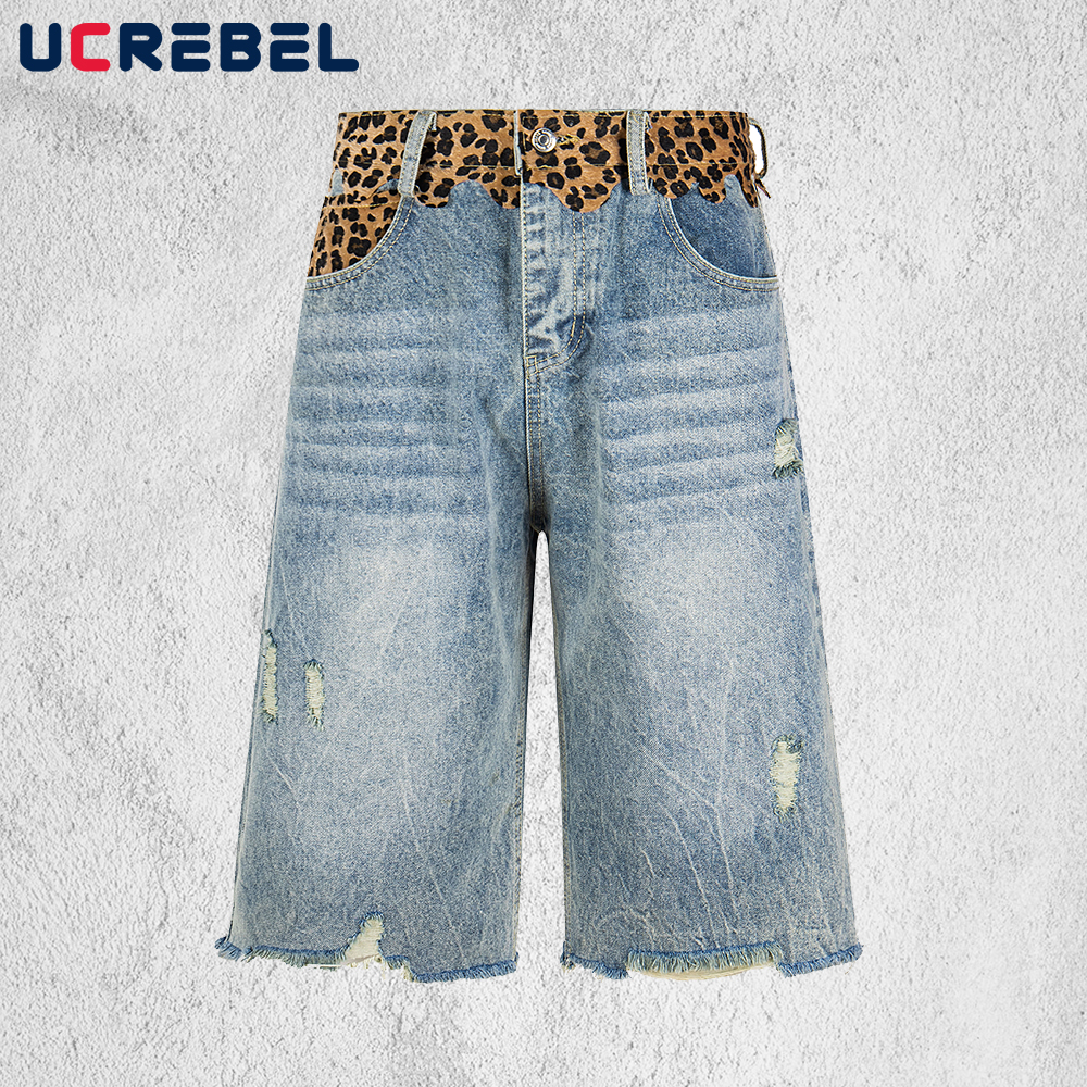 Distressed Jean Rip - Leopard Patch Denim Shorts Mens Summer