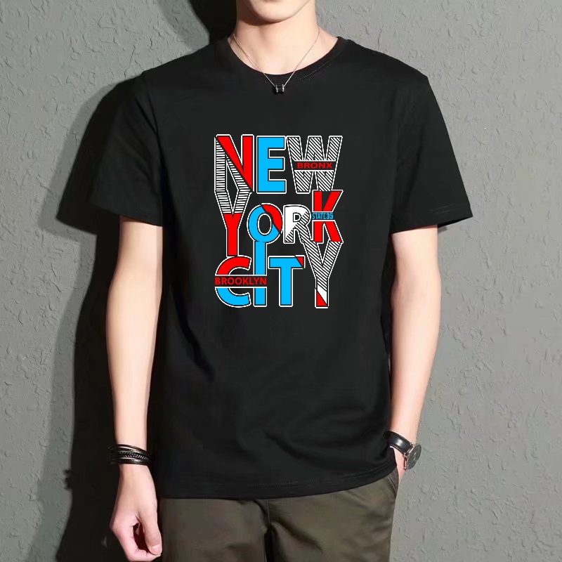 Street Style New York Fashion - Men's Black Round-Neck Short-Sleeved T-Shirt with