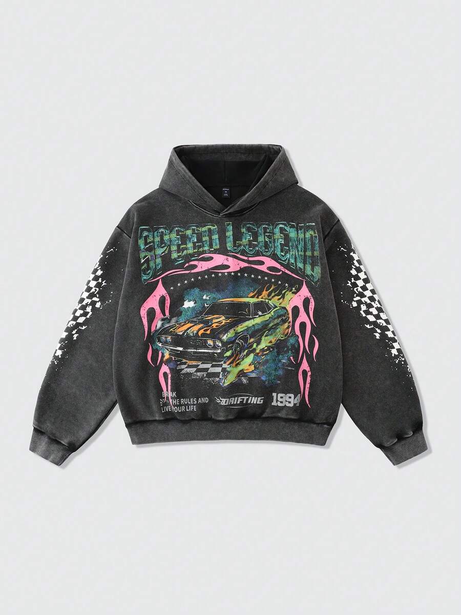 Graphic Hoodie Streetwear - Men's Washed Vintage Graphic Hoodie with