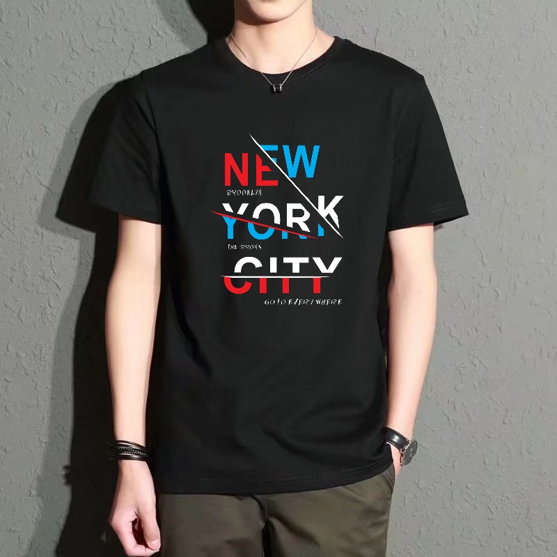 Street Style New York Fashion - Men's Black Round-Neck Short-Sleeved T-Shirt, New