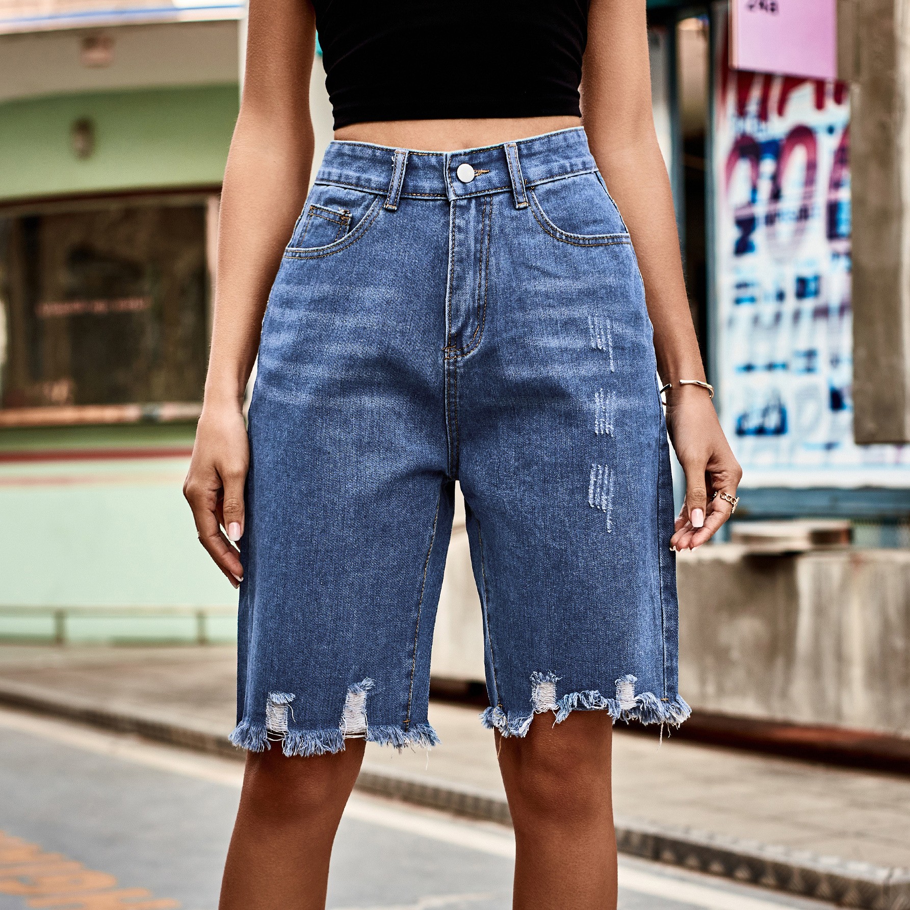 Distressed Jean Rip - Summer Women's Clothing Distressed Frayed Hem