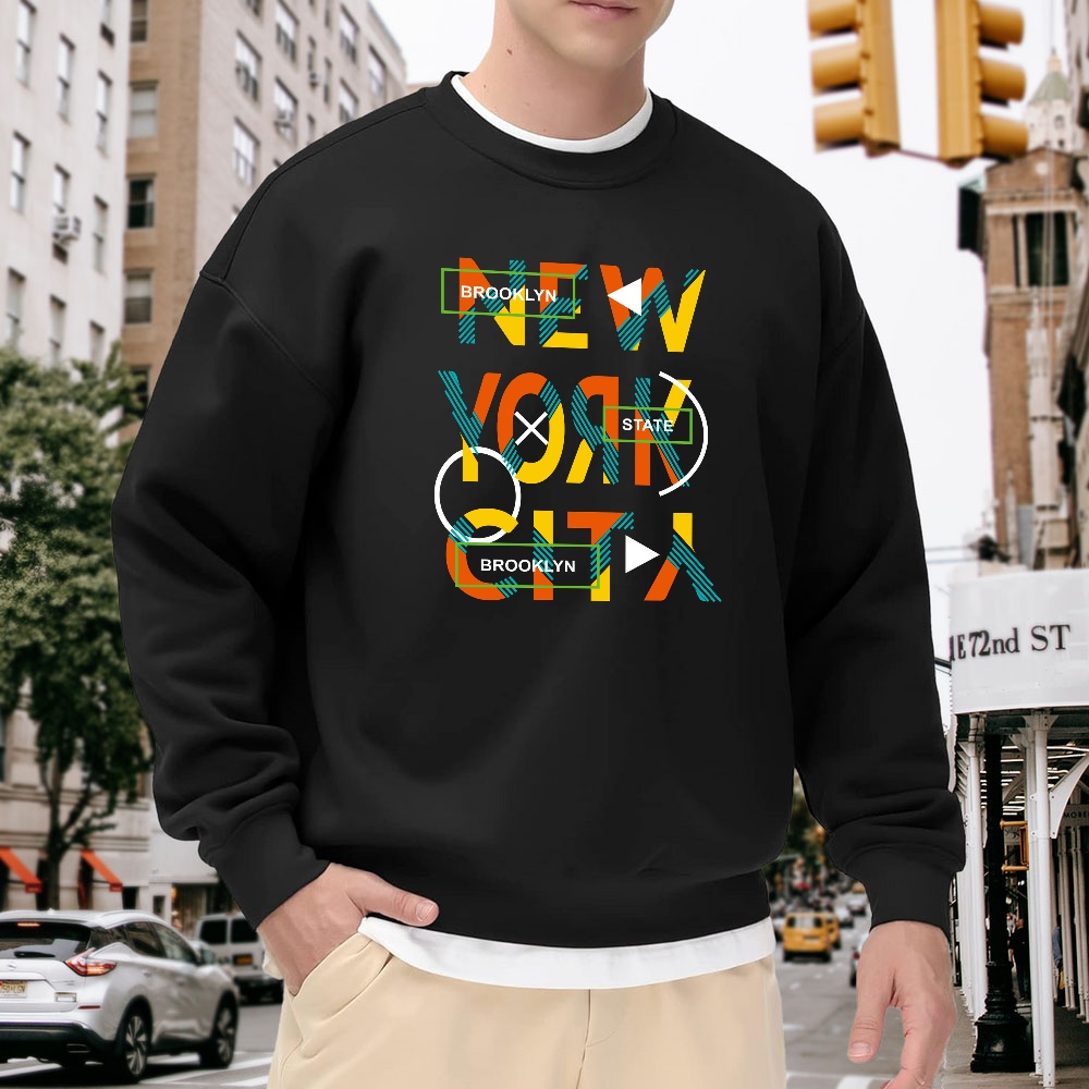 Street Style New York Fashion - Men's Black Crew Neck Loose Sweatshirt