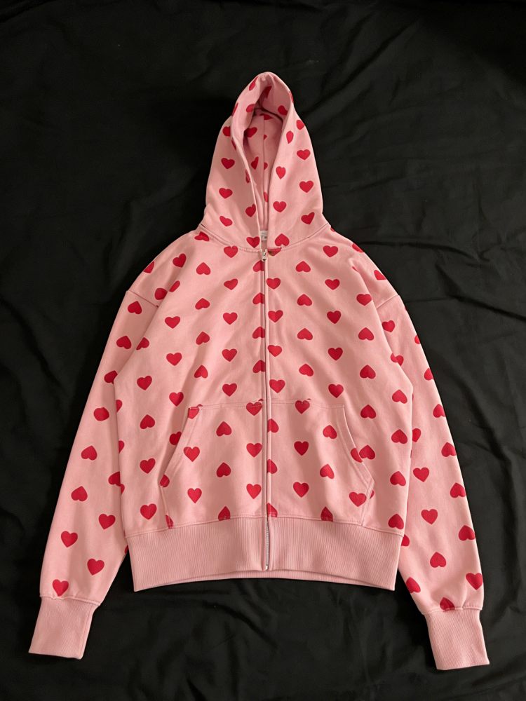 Graphic Hoodie Streetwear - Cute All Over Heart Graphic Zip