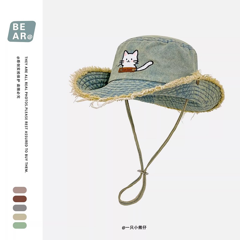 Cute Cat Embroidery Washed Den - đánh giá và giá Bucket Hat Embroidered