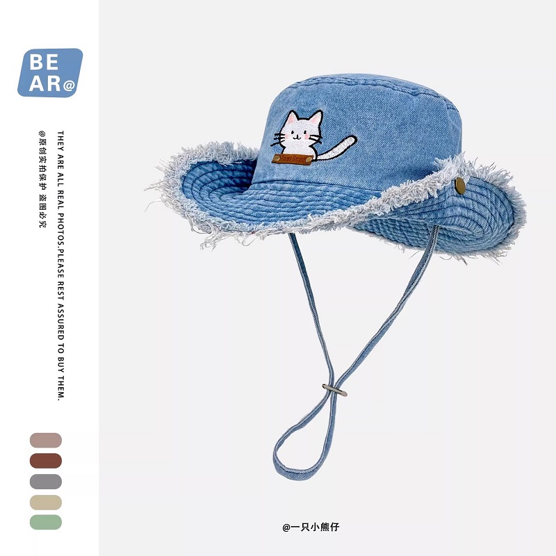 Cute Cat Embroidery Washed Den - đánh giá và giá Bucket Hat Embroidered