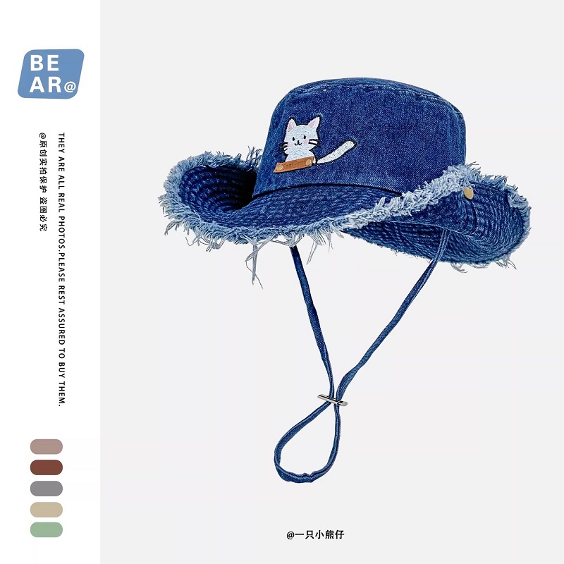 Cute Cat Embroidery Washed Den - đánh giá và giá Bucket Hat Embroidered
