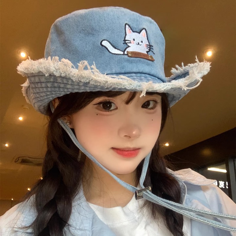 Cute Cat Embroidery Washed Den - đánh giá và giá Bucket Hat Embroidered