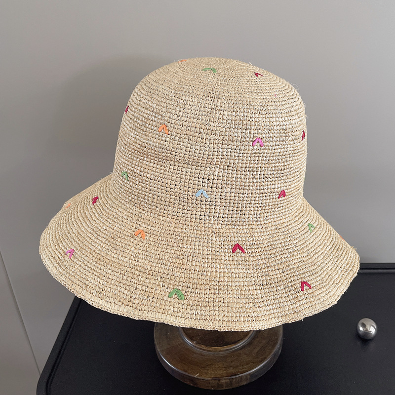 Women Embroidery Heart Raffia  - đánh giá và giá Bucket Hat Embroidered