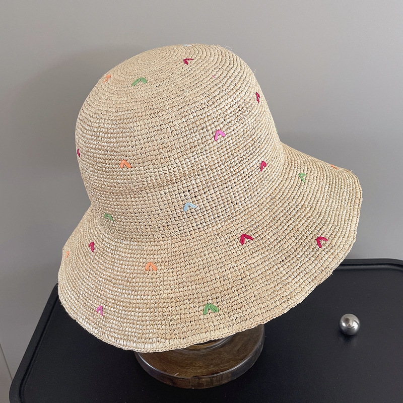 Women Embroidery Heart Raffia  - đánh giá và giá Bucket Hat Embroidered