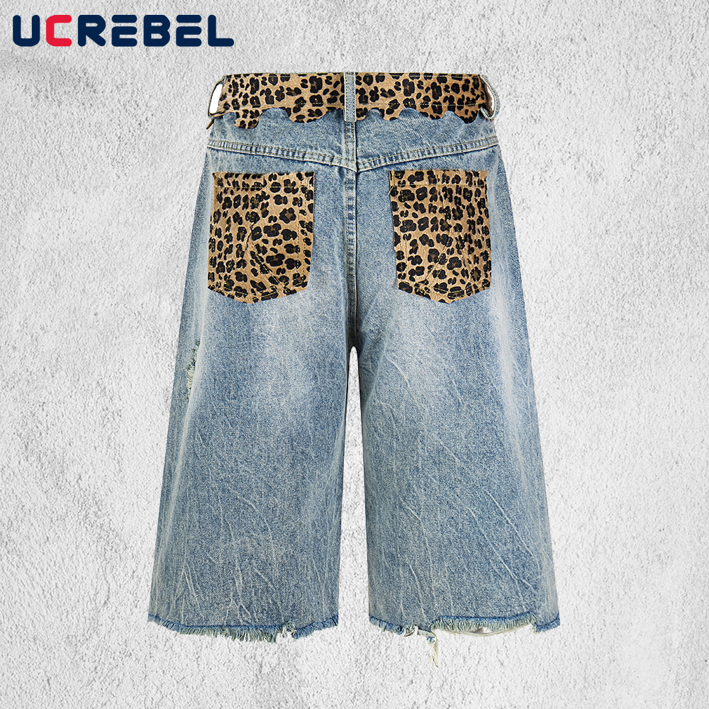 Leopard Patch Denim Shorts Men - đánh giá và giá Distressed Jean Rip