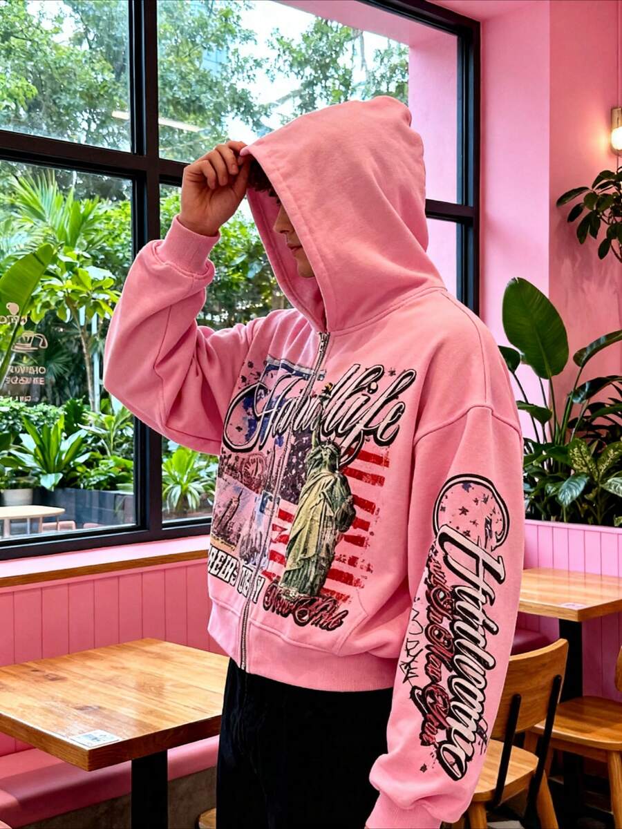 Pink Oversized Zip-Up Hoodie w - đánh giá và giá Graphic Hoodie Streetwear
