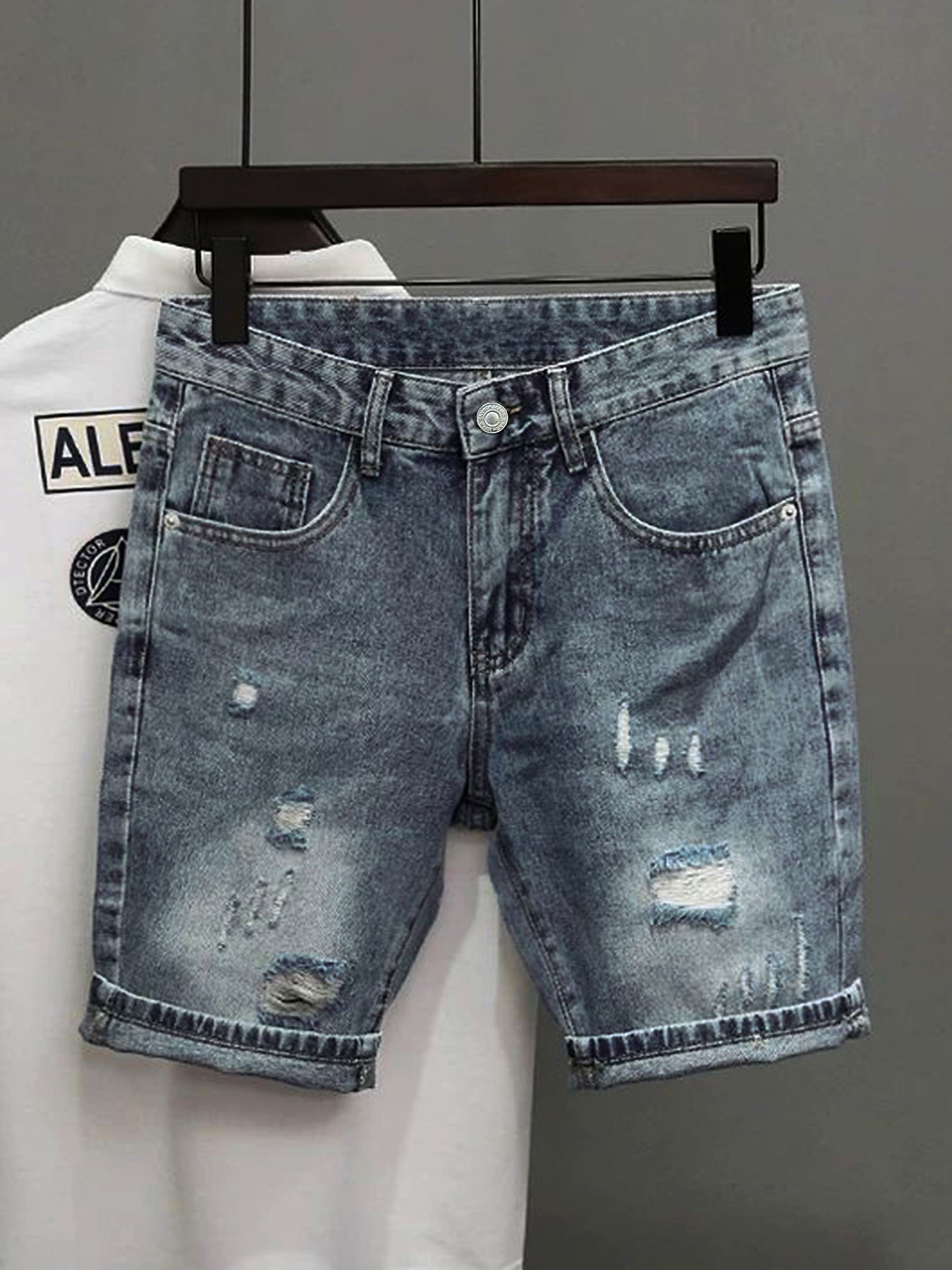 Light Blue Denim Shorts Men's  - đánh giá và giá Distressed Jean Rip